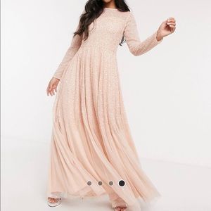 Lace & Beads embellished long sleeve gown in pink